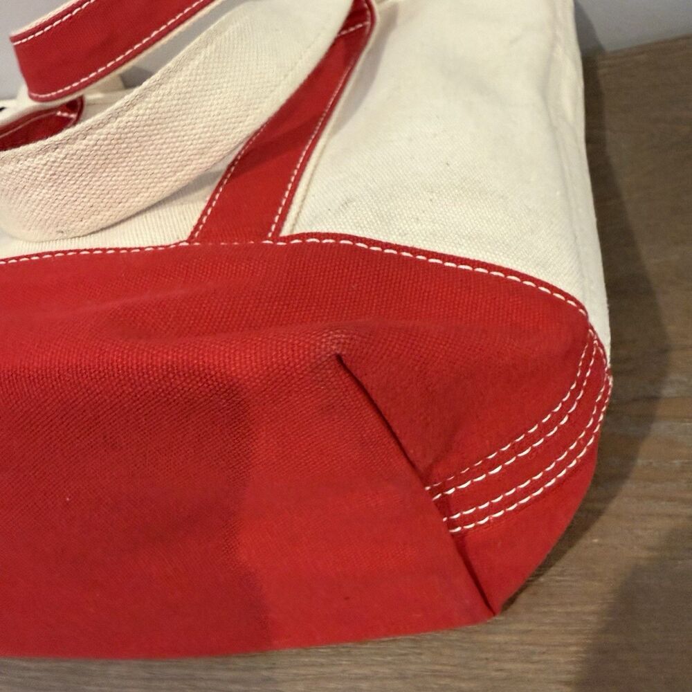 Lands End Open Top Canvas Tote Bag M Shoulder Red Natural Cotton Preppy Sturdy - Picture 10 of 16